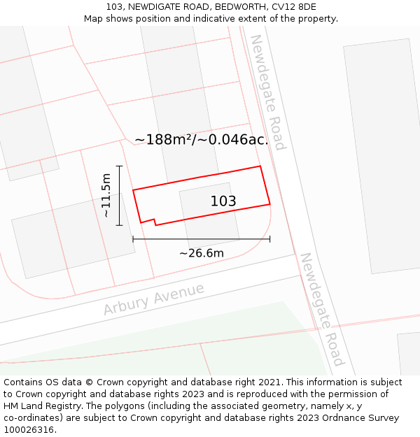 103, NEWDIGATE ROAD, BEDWORTH, CV12 8DE: Plot and title map