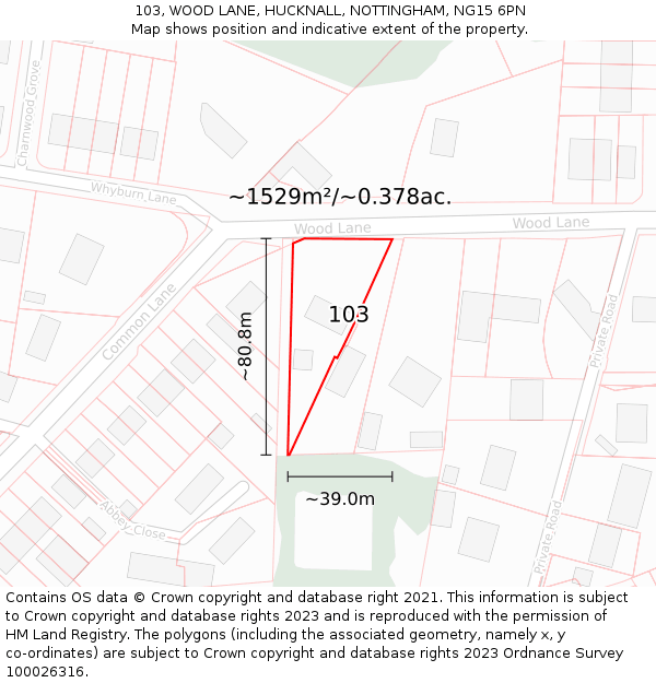 103, WOOD LANE, HUCKNALL, NOTTINGHAM, NG15 6PN: Plot and title map