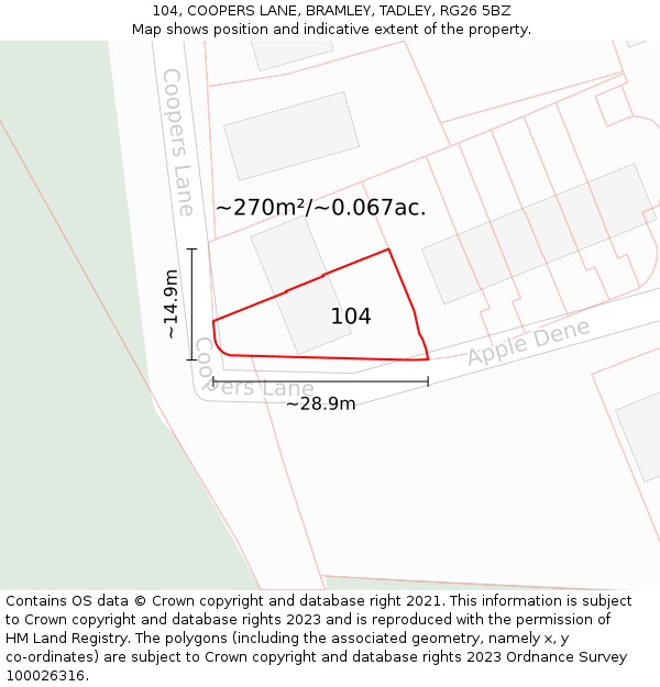 104, COOPERS LANE, BRAMLEY, TADLEY, RG26 5BZ: Plot and title map