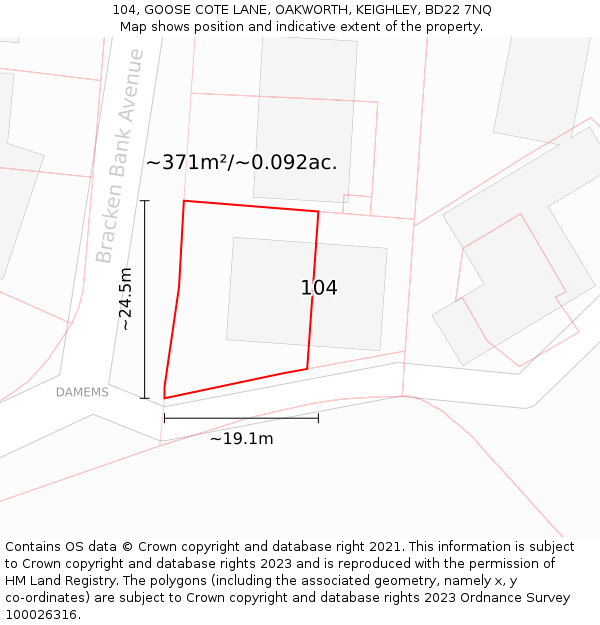 104, GOOSE COTE LANE, OAKWORTH, KEIGHLEY, BD22 7NQ: Plot and title map