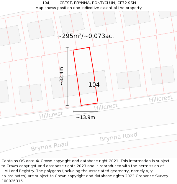 104, HILLCREST, BRYNNA, PONTYCLUN, CF72 9SN: Plot and title map