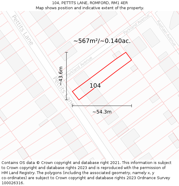 104, PETTITS LANE, ROMFORD, RM1 4ER: Plot and title map