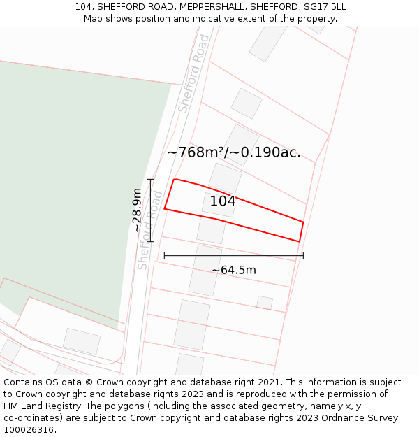 104, SHEFFORD ROAD, MEPPERSHALL, SHEFFORD, SG17 5LL: Plot and title map