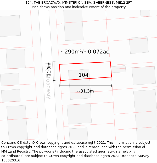 104, THE BROADWAY, MINSTER ON SEA, SHEERNESS, ME12 2RT: Plot and title map