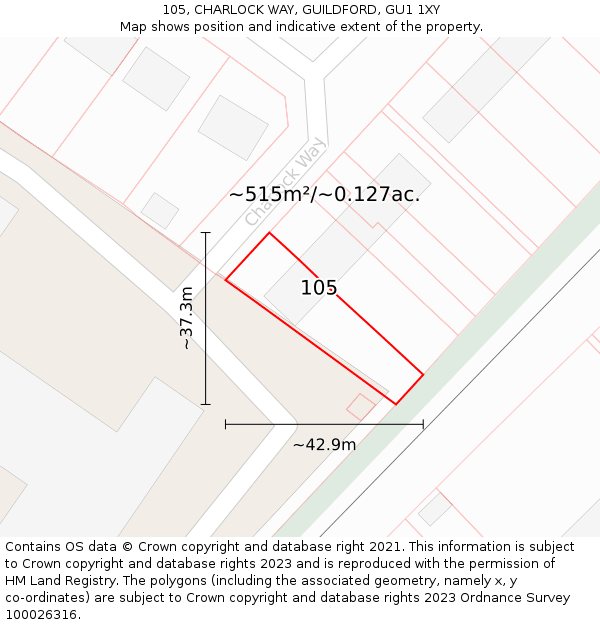 105, CHARLOCK WAY, GUILDFORD, GU1 1XY: Plot and title map