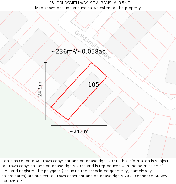 105, GOLDSMITH WAY, ST ALBANS, AL3 5NZ: Plot and title map