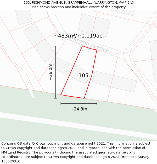 105, RICHMOND AVENUE, GRAPPENHALL, WARRINGTON, WA4 2NX: Plot and title map