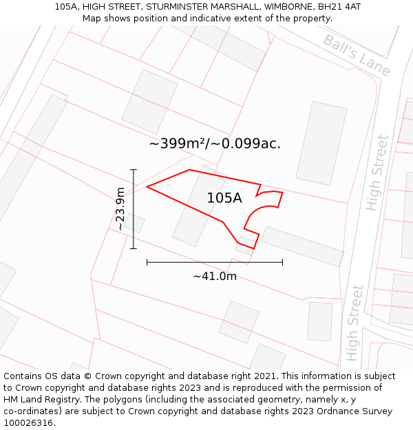 105A, HIGH STREET, STURMINSTER MARSHALL, WIMBORNE, BH21 4AT: Plot and title map