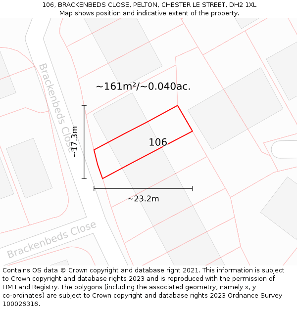 106, BRACKENBEDS CLOSE, PELTON, CHESTER LE STREET, DH2 1XL: Plot and title map