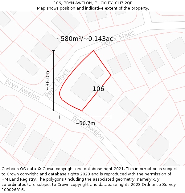 106, BRYN AWELON, BUCKLEY, CH7 2QF: Plot and title map