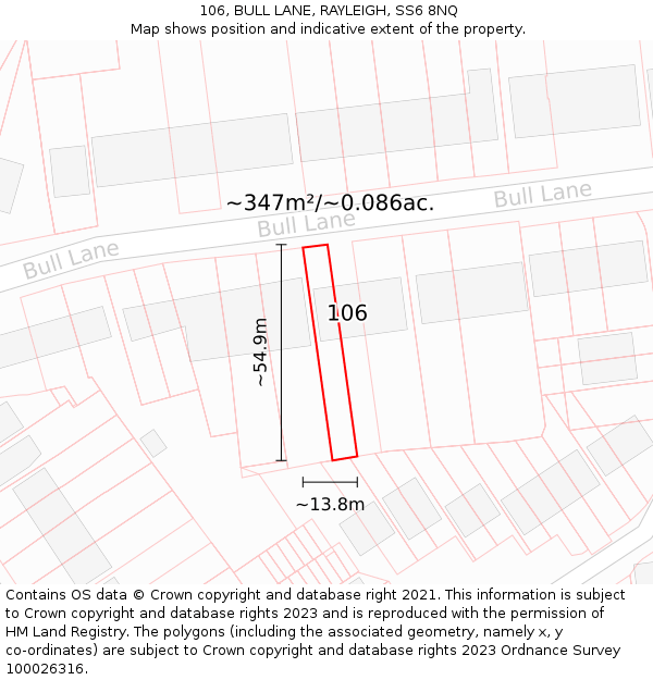 106, BULL LANE, RAYLEIGH, SS6 8NQ: Plot and title map