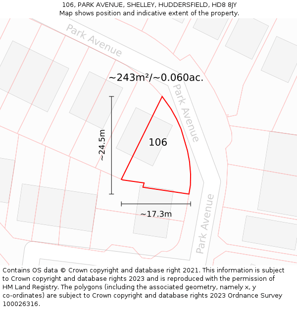 106, PARK AVENUE, SHELLEY, HUDDERSFIELD, HD8 8JY: Plot and title map