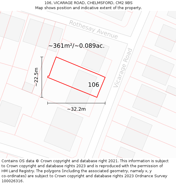 106, VICARAGE ROAD, CHELMSFORD, CM2 9BS: Plot and title map