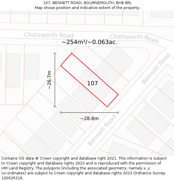 107, BENNETT ROAD, BOURNEMOUTH, BH8 8RL: Plot and title map