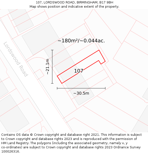 107, LORDSWOOD ROAD, BIRMINGHAM, B17 9BH: Plot and title map