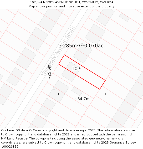 107, WAINBODY AVENUE SOUTH, COVENTRY, CV3 6DA: Plot and title map