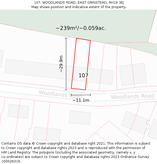 107, WOODLANDS ROAD, EAST GRINSTEAD, RH19 3EJ: Plot and title map