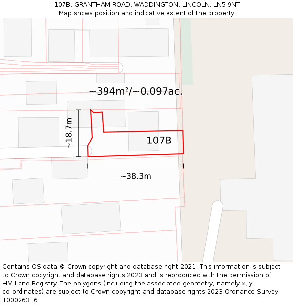 107B, GRANTHAM ROAD, WADDINGTON, LINCOLN, LN5 9NT: Plot and title map