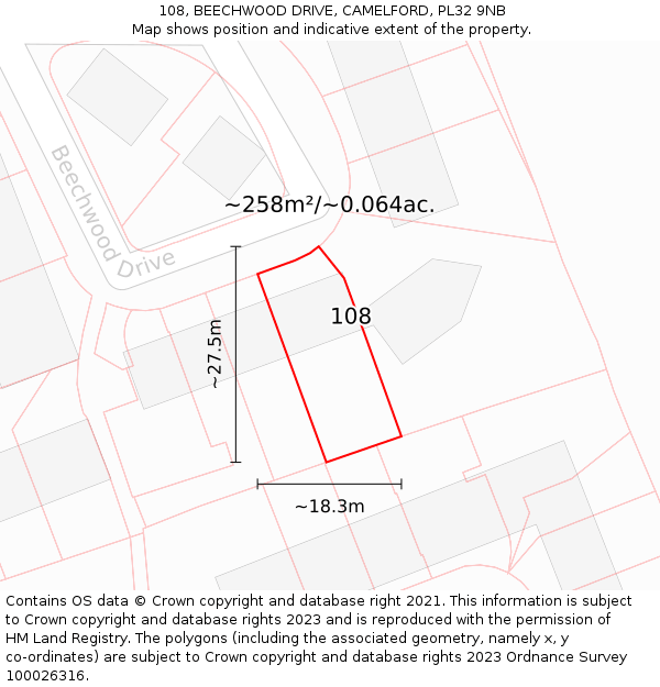 108, BEECHWOOD DRIVE, CAMELFORD, PL32 9NB: Plot and title map