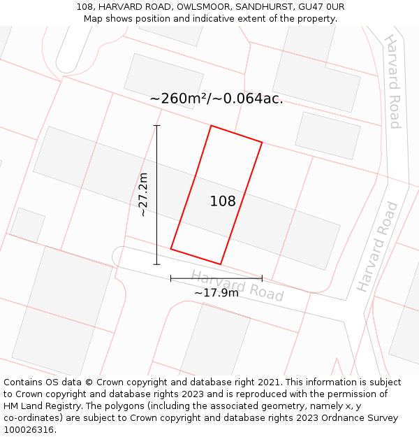 108, HARVARD ROAD, OWLSMOOR, SANDHURST, GU47 0UR: Plot and title map