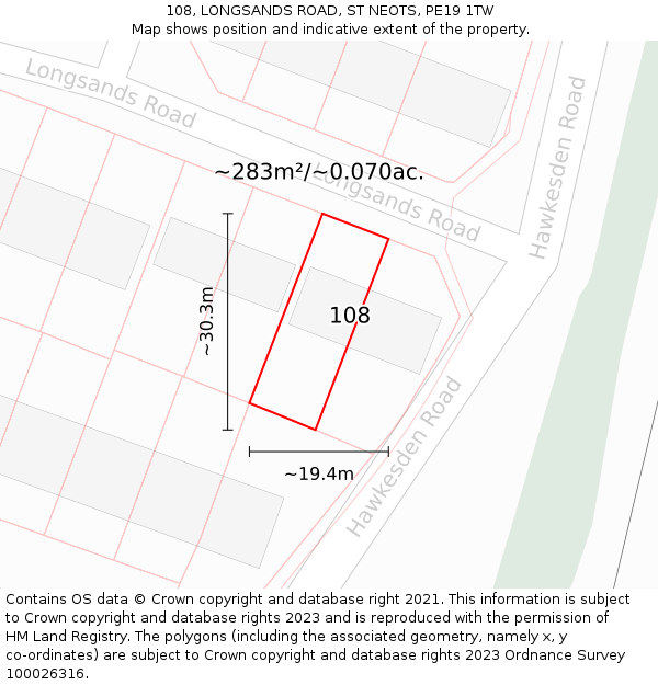 108, LONGSANDS ROAD, ST NEOTS, PE19 1TW: Plot and title map