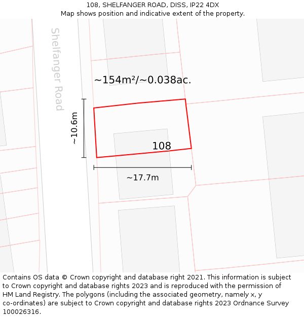 108, SHELFANGER ROAD, DISS, IP22 4DX: Plot and title map