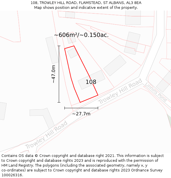 108, TROWLEY HILL ROAD, FLAMSTEAD, ST ALBANS, AL3 8EA: Plot and title map