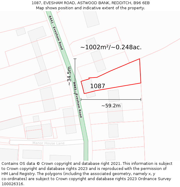 1087, EVESHAM ROAD, ASTWOOD BANK, REDDITCH, B96 6EB: Plot and title map