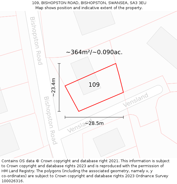 109, BISHOPSTON ROAD, BISHOPSTON, SWANSEA, SA3 3EU: Plot and title map