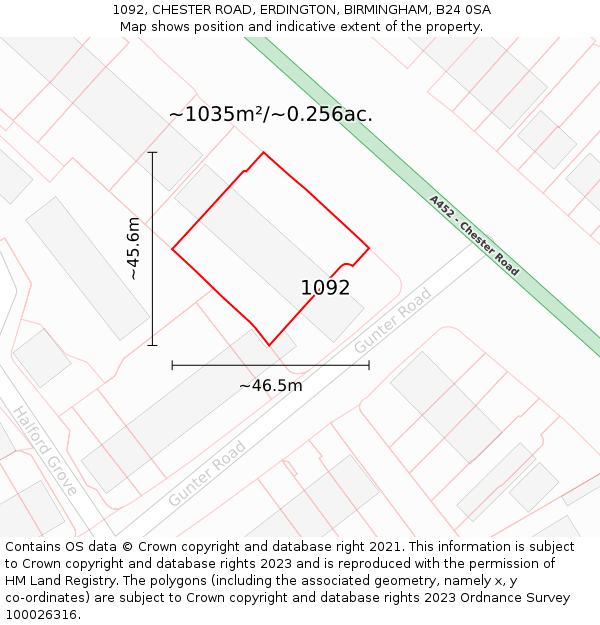 1092, CHESTER ROAD, ERDINGTON, BIRMINGHAM, B24 0SA: Plot and title map