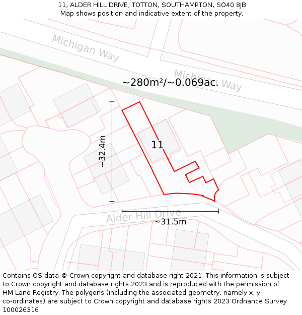 11, ALDER HILL DRIVE, TOTTON, SOUTHAMPTON, SO40 8JB: Plot and title map