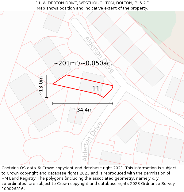 11, ALDERTON DRIVE, WESTHOUGHTON, BOLTON, BL5 2JD: Plot and title map