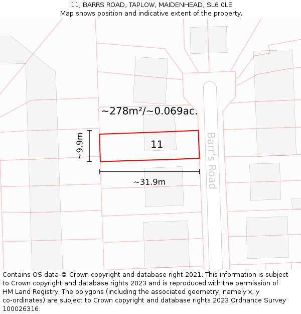 11, BARRS ROAD, TAPLOW, MAIDENHEAD, SL6 0LE: Plot and title map