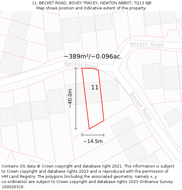 11, BECKET ROAD, BOVEY TRACEY, NEWTON ABBOT, TQ13 9JB: Plot and title map