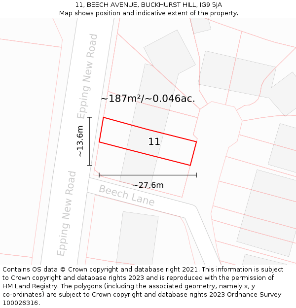 11, BEECH AVENUE, BUCKHURST HILL, IG9 5JA: Plot and title map