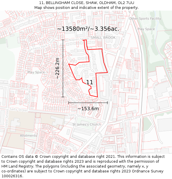 11, BELLINGHAM CLOSE, SHAW, OLDHAM, OL2 7UU: Plot and title map