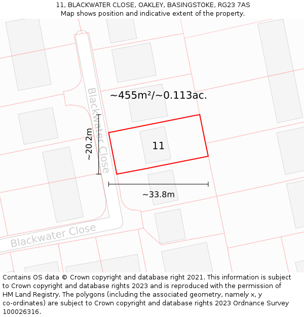 11, BLACKWATER CLOSE, OAKLEY, BASINGSTOKE, RG23 7AS: Plot and title map