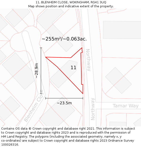 11, BLENHEIM CLOSE, WOKINGHAM, RG41 3UQ: Plot and title map