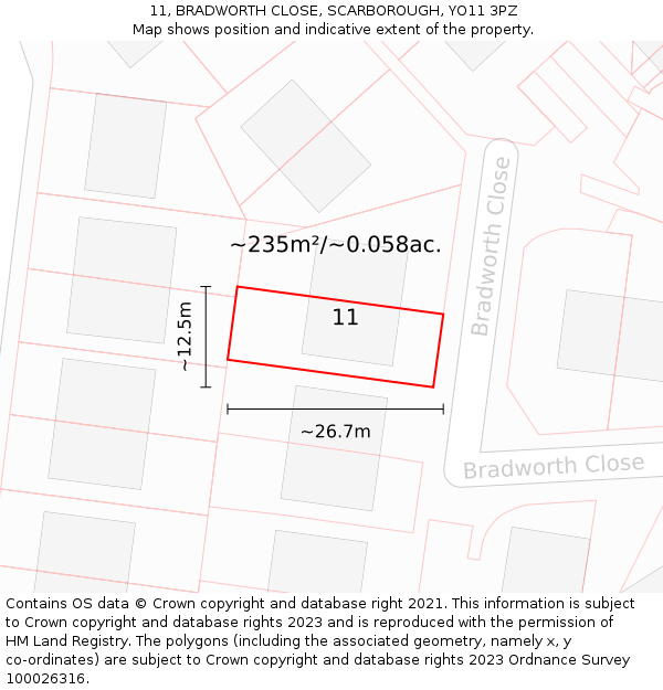 11, BRADWORTH CLOSE, SCARBOROUGH, YO11 3PZ: Plot and title map