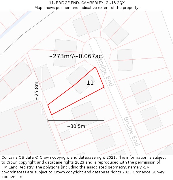 11, BRIDGE END, CAMBERLEY, GU15 2QX: Plot and title map