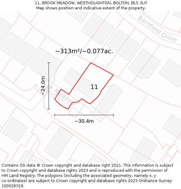 11, BROOK MEADOW, WESTHOUGHTON, BOLTON, BL5 3UY: Plot and title map