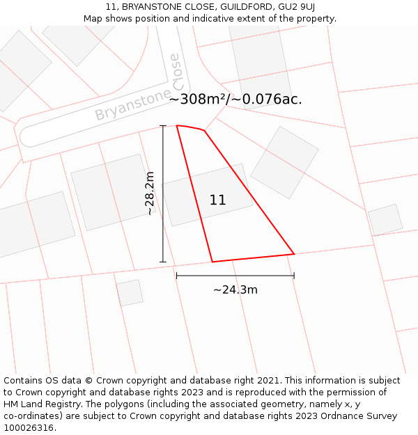 11, BRYANSTONE CLOSE, GUILDFORD, GU2 9UJ: Plot and title map