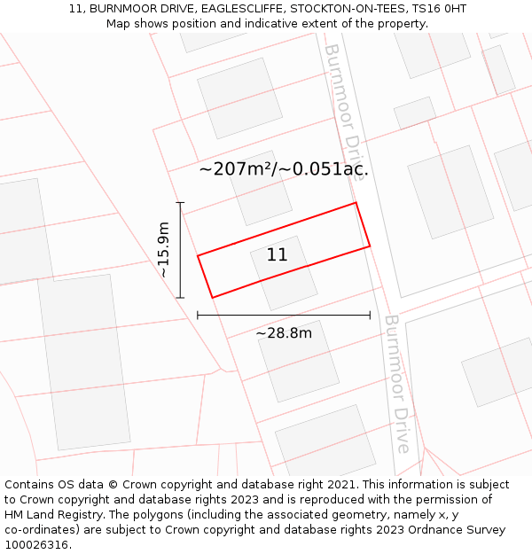 11, BURNMOOR DRIVE, EAGLESCLIFFE, STOCKTON-ON-TEES, TS16 0HT: Plot and title map