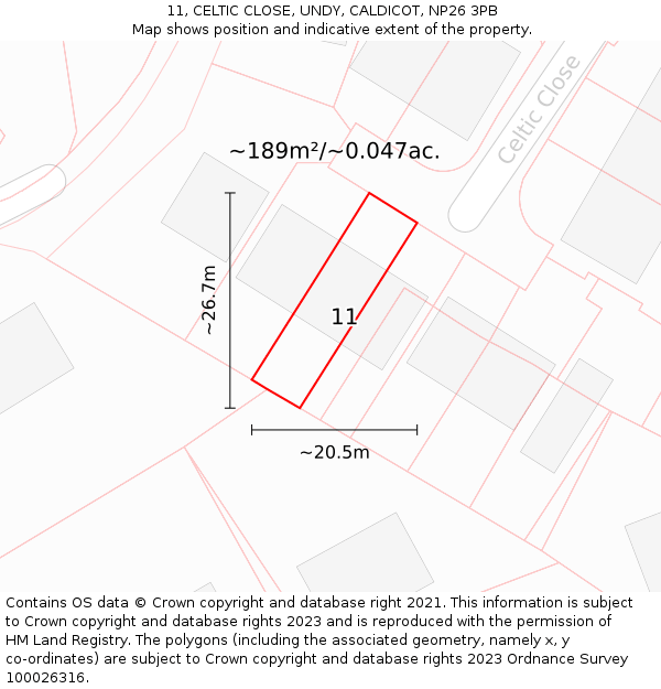 11, CELTIC CLOSE, UNDY, CALDICOT, NP26 3PB: Plot and title map