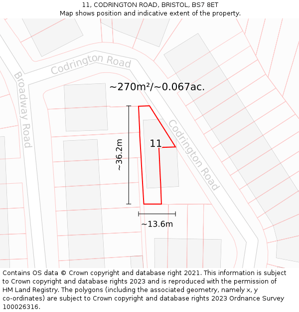 11, CODRINGTON ROAD, BRISTOL, BS7 8ET: Plot and title map