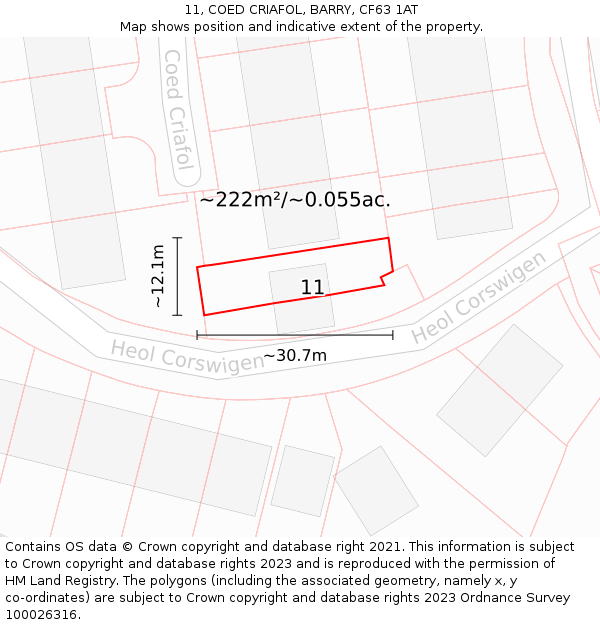 11, COED CRIAFOL, BARRY, CF63 1AT: Plot and title map