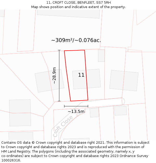 11, CROFT CLOSE, BENFLEET, SS7 5RH: Plot and title map