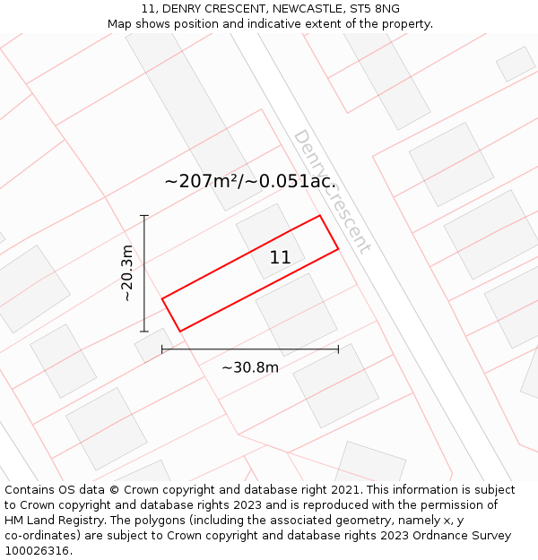 11, DENRY CRESCENT, NEWCASTLE, ST5 8NG: Plot and title map