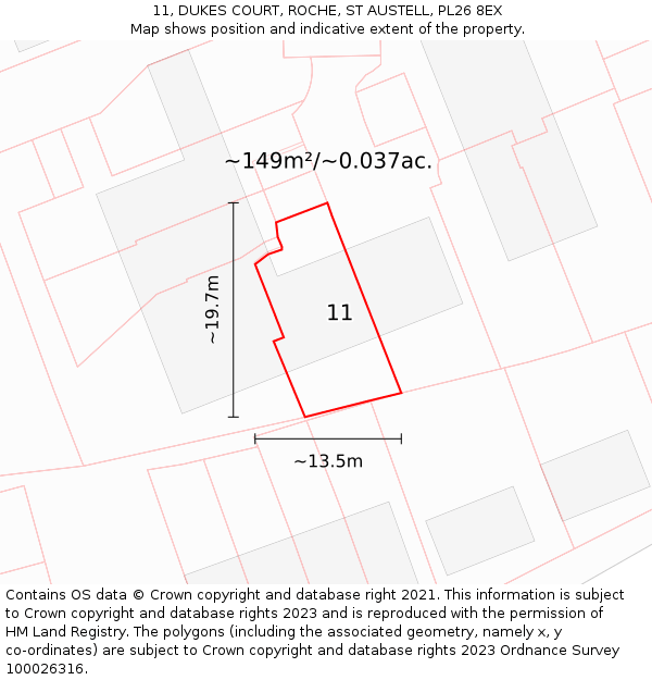 11, DUKES COURT, ROCHE, ST AUSTELL, PL26 8EX: Plot and title map