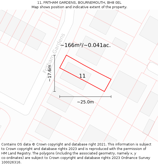 11, FRITHAM GARDENS, BOURNEMOUTH, BH8 0EL: Plot and title map